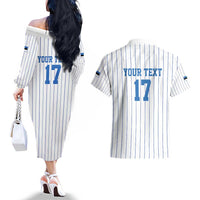 Custom Estonia Football Couples Matching Off The Shoulder Long Sleeve Dress and Hawaiian Shirt Retro Jersey White Version