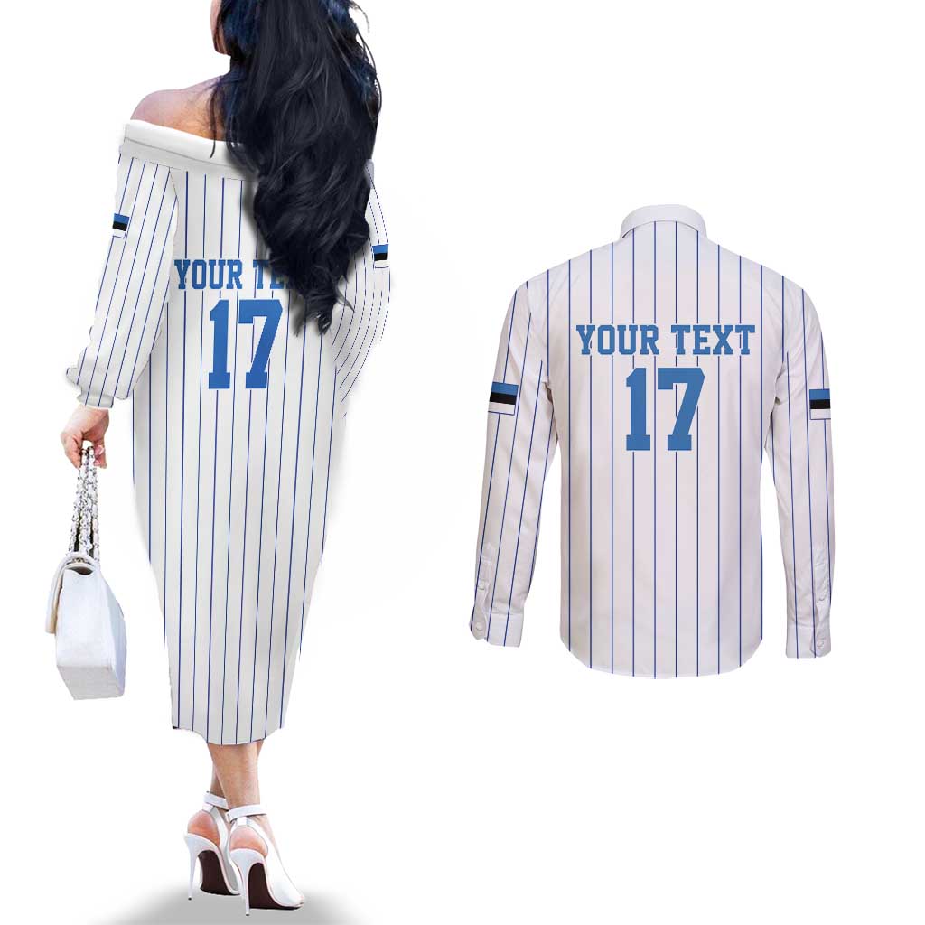 Custom Estonia Football Couples Matching Off The Shoulder Long Sleeve Dress and Long Sleeve Button Shirt Retro Jersey White Version