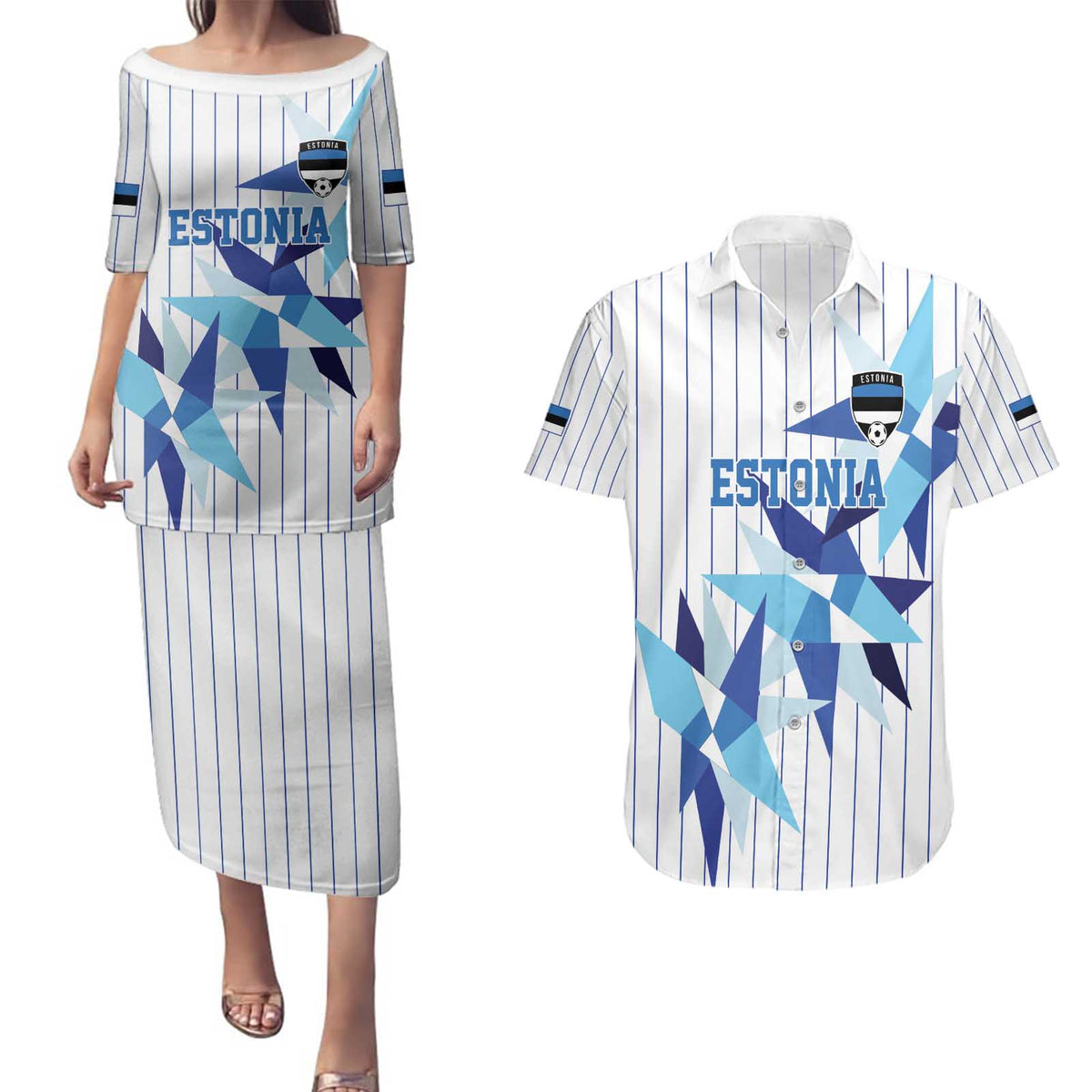 Custom Estonia Football Couples Matching Puletasi and Hawaiian Shirt Retro Jersey White Version