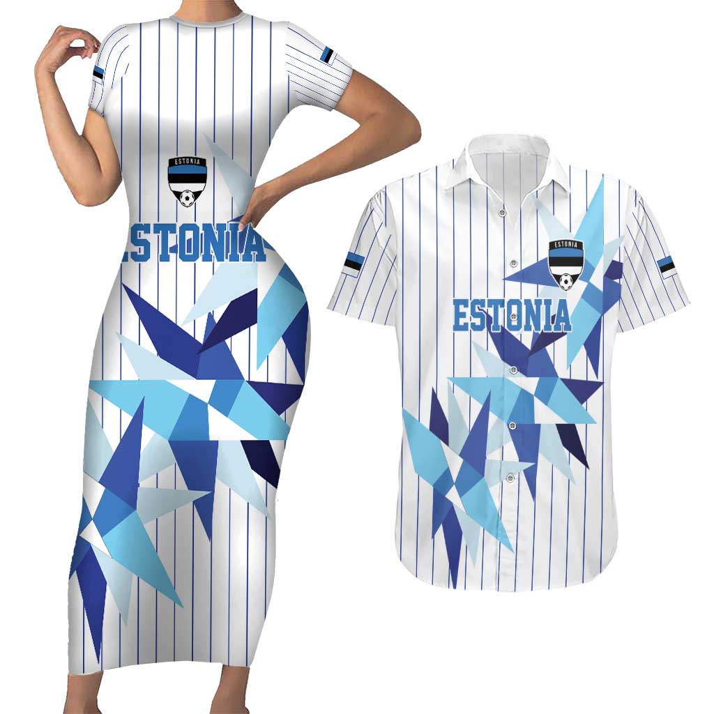Custom Estonia Football Couples Matching Short Sleeve Bodycon Dress and Hawaiian Shirt Retro Jersey White Version