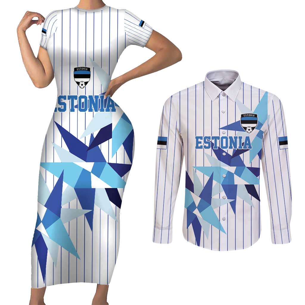 Custom Estonia Football Couples Matching Short Sleeve Bodycon Dress and Long Sleeve Button Shirt Retro Jersey White Version