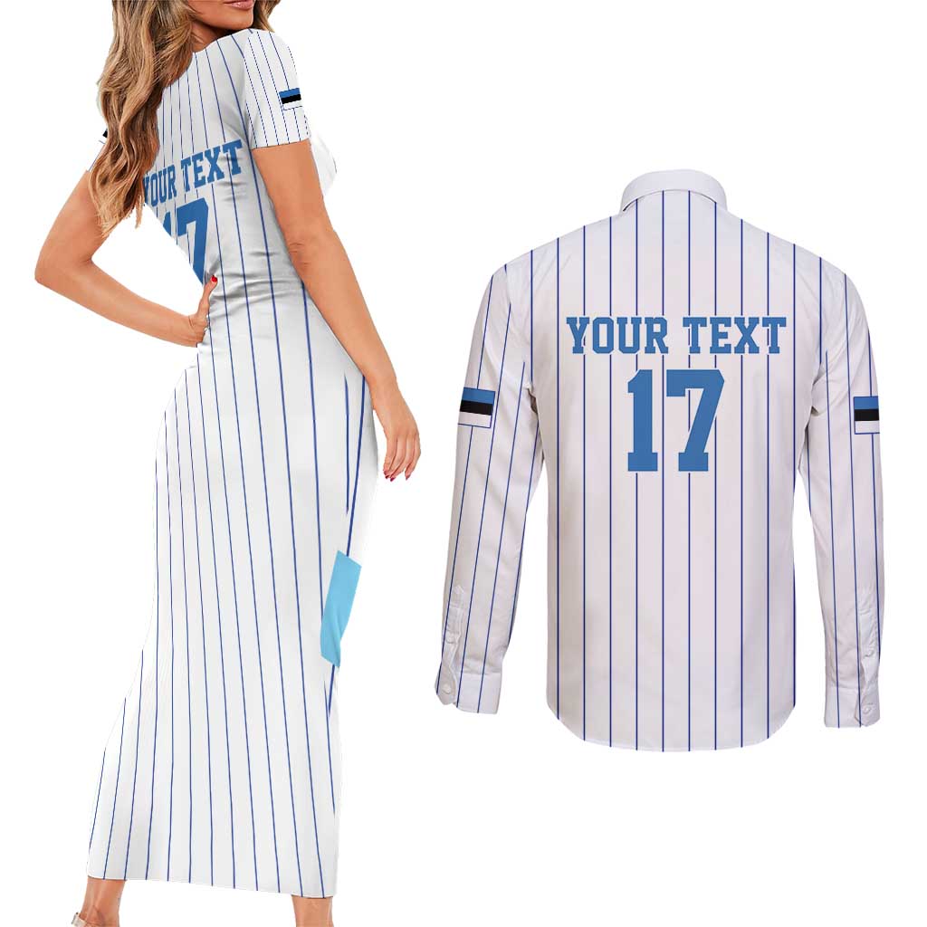 Custom Estonia Football Couples Matching Short Sleeve Bodycon Dress and Long Sleeve Button Shirt Retro Jersey White Version