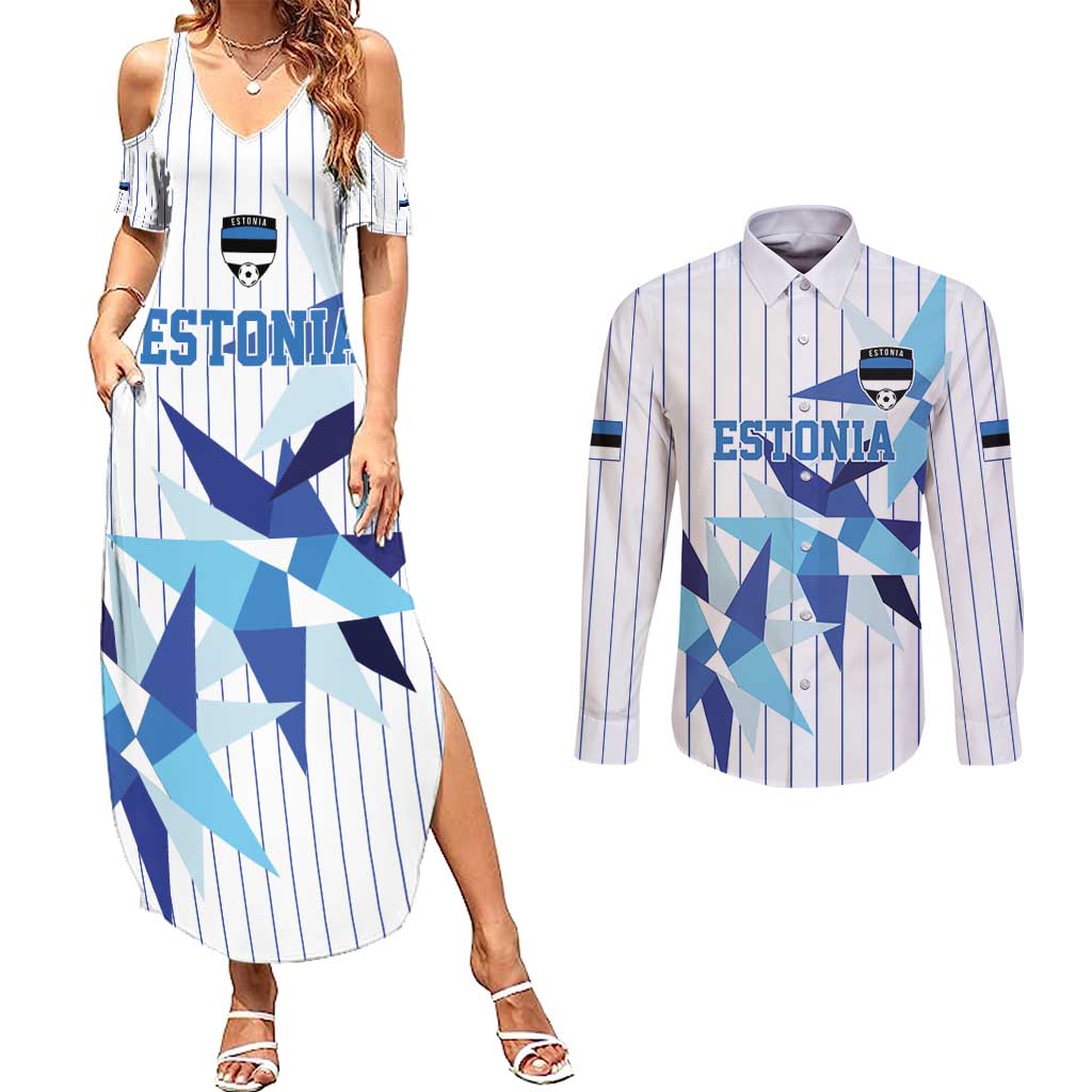 Custom Estonia Football Couples Matching Summer Maxi Dress and Long Sleeve Button Shirt Retro Jersey White Version