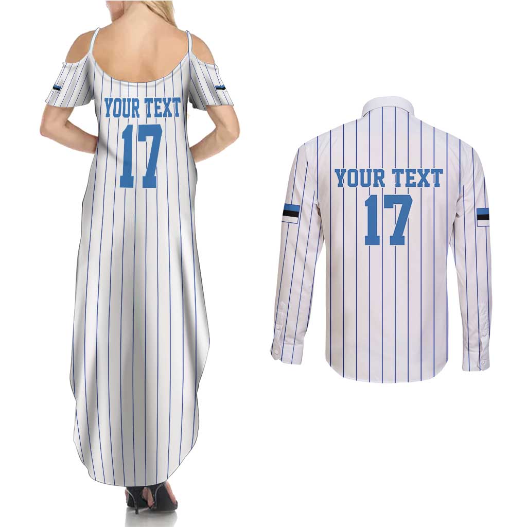 Custom Estonia Football Couples Matching Summer Maxi Dress and Long Sleeve Button Shirt Retro Jersey White Version
