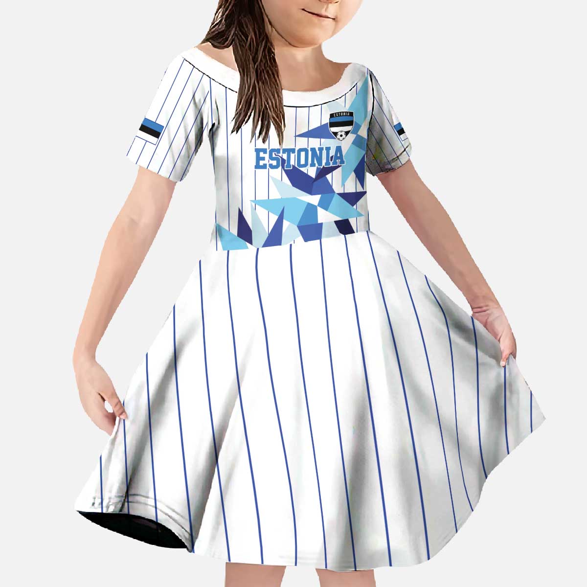 Custom Estonia Football Family Matching Off The Shoulder Long Sleeve Dress and Hawaiian Shirt Retro Jersey White Version