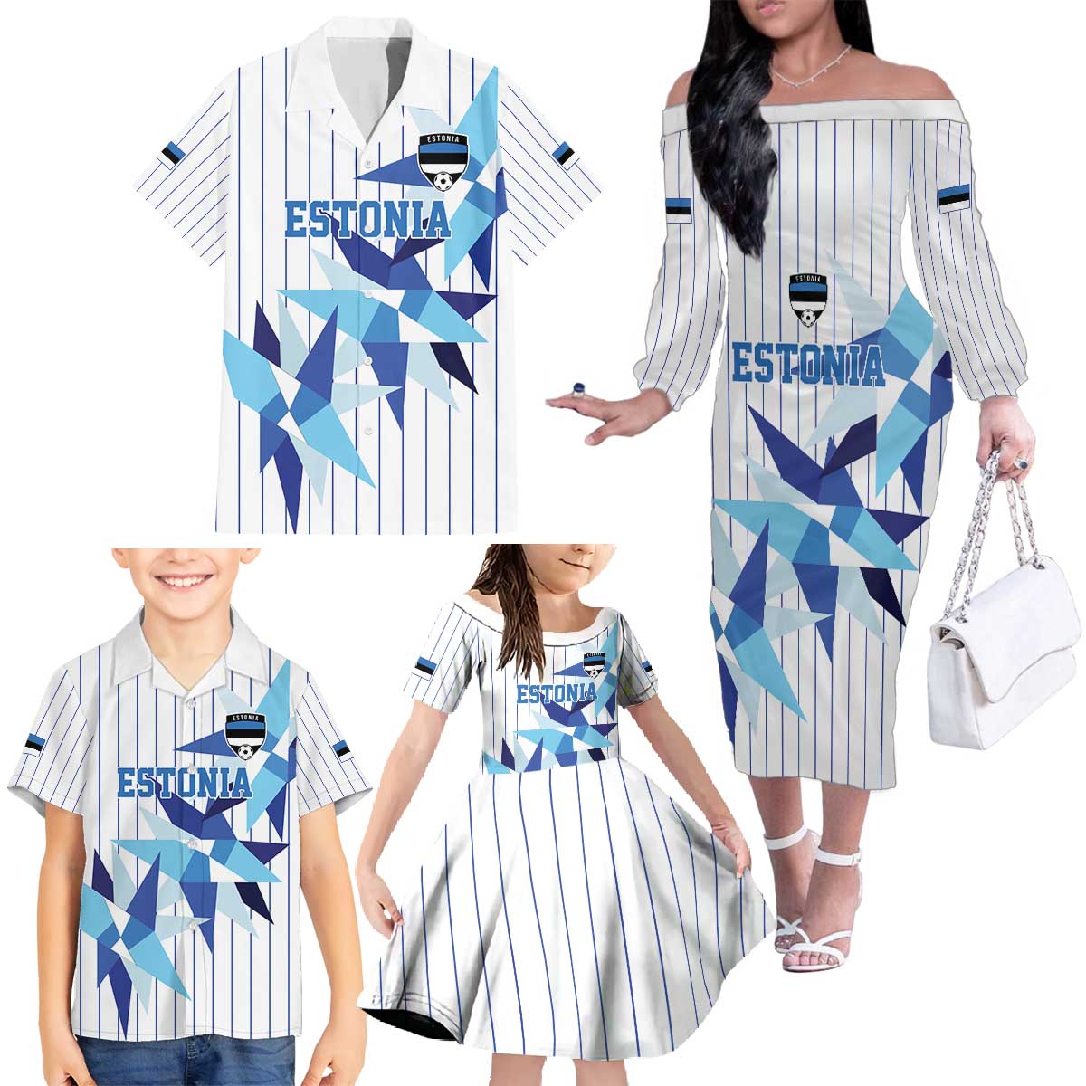 Custom Estonia Football Family Matching Off The Shoulder Long Sleeve Dress and Hawaiian Shirt Retro Jersey White Version