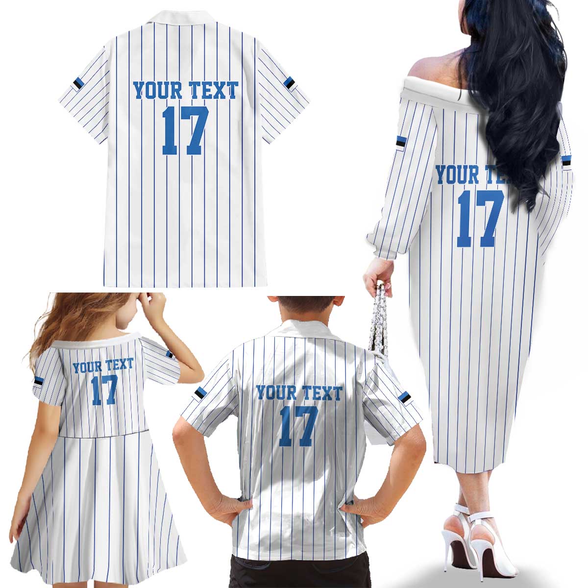 Custom Estonia Football Family Matching Off The Shoulder Long Sleeve Dress and Hawaiian Shirt Retro Jersey White Version