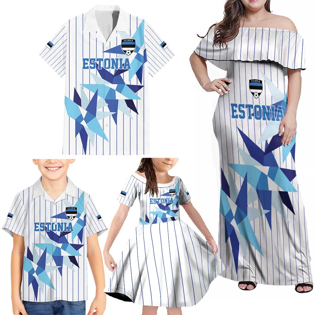 Custom Estonia Football Family Matching Off Shoulder Maxi Dress and Hawaiian Shirt Retro Jersey White Version