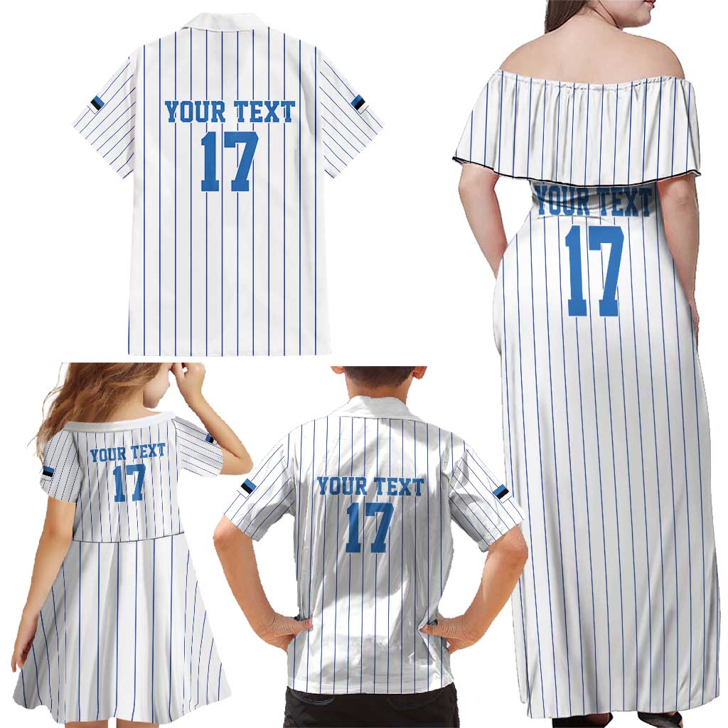 Custom Estonia Football Family Matching Off Shoulder Maxi Dress and Hawaiian Shirt Retro Jersey White Version