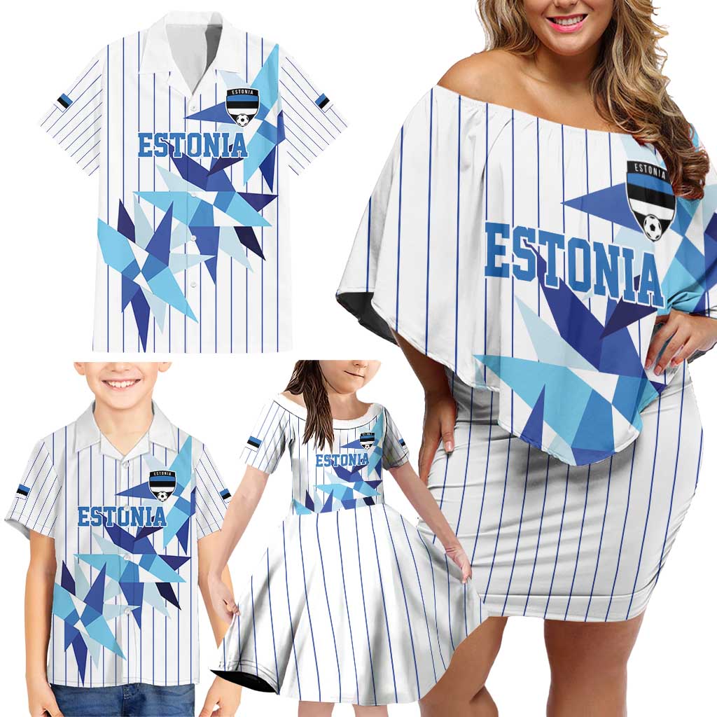 Custom Estonia Football Family Matching Off Shoulder Short Dress and Hawaiian Shirt Retro Jersey White Version