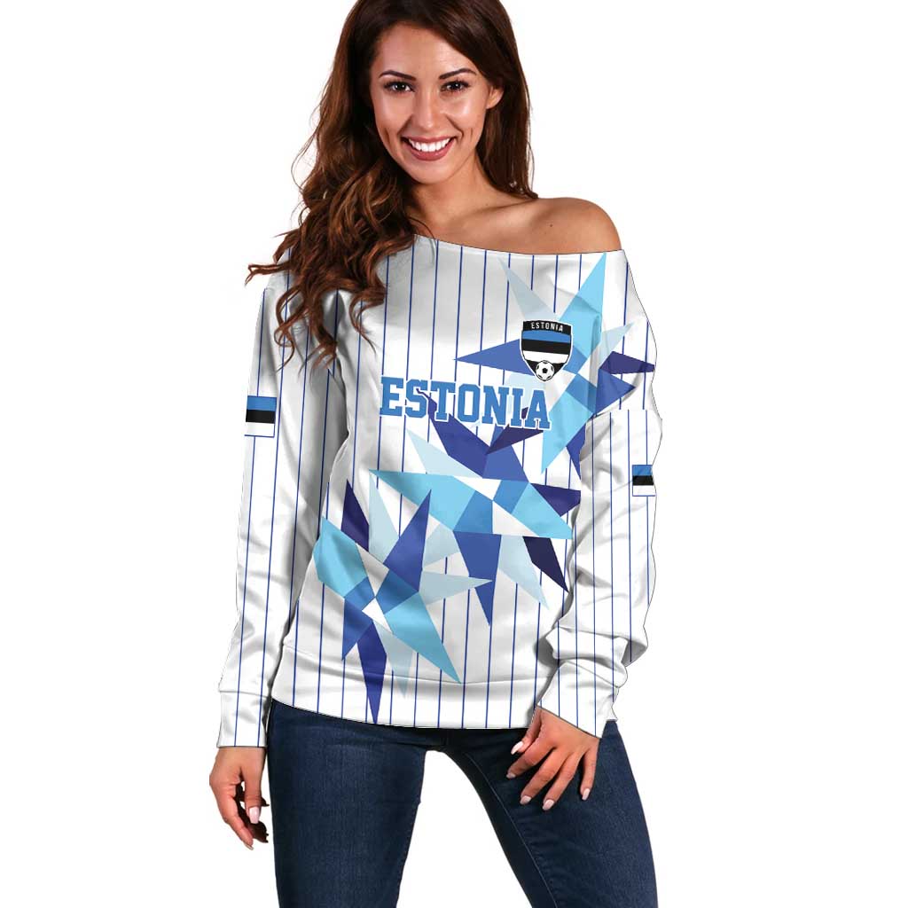 Custom Estonia Football Off Shoulder Sweater Retro Jersey White Version