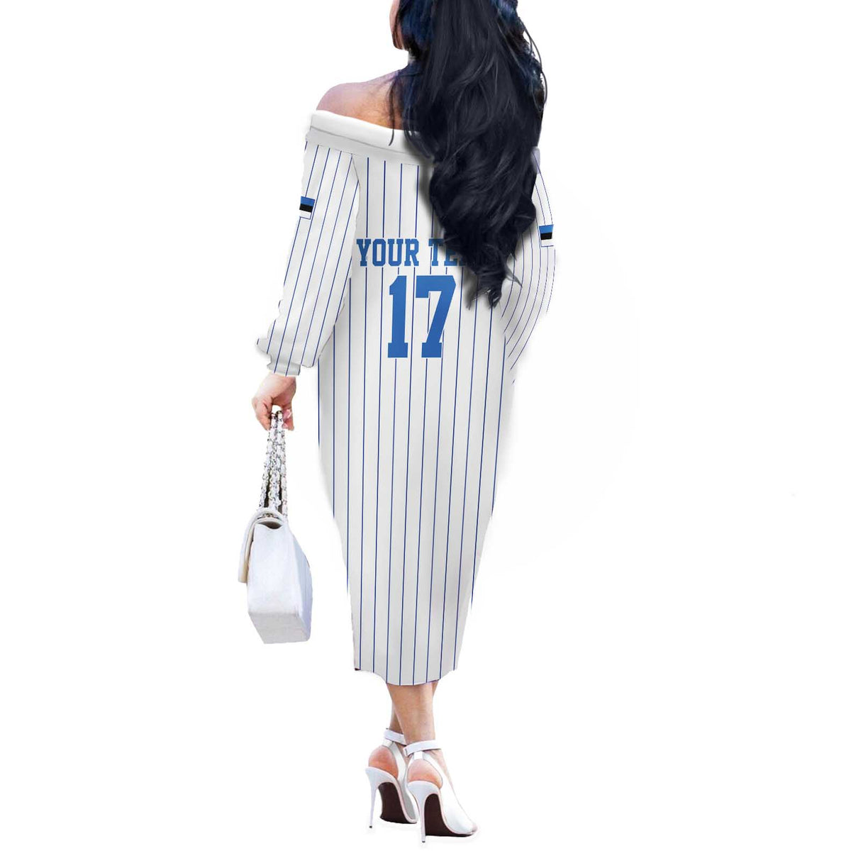 Custom Estonia Football Off The Shoulder Long Sleeve Dress Retro Jersey White Version