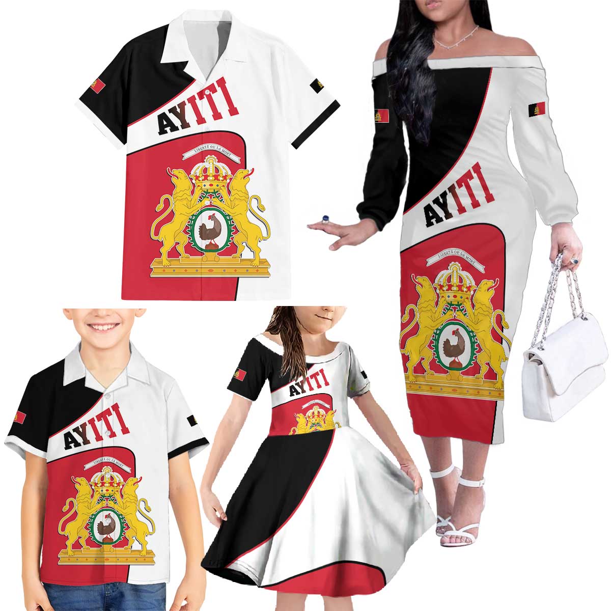 Haiti First Empire Family Matching Off The Shoulder Long Sleeve Dress and Hawaiian Shirt Anpi an Ayiti 1804-1806