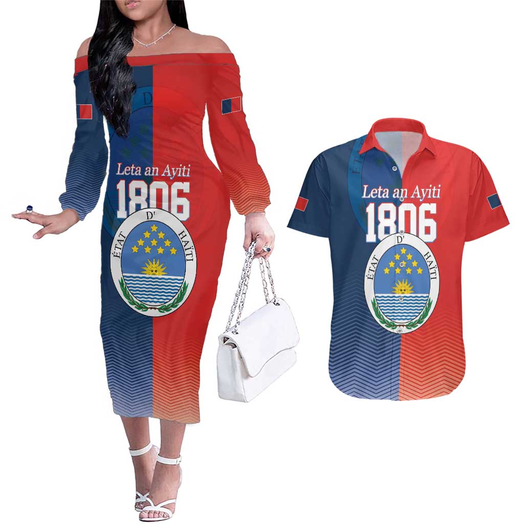 North Haiti State of Haiti Couples Matching Off The Shoulder Long Sleeve Dress and Hawaiian Shirt Leta an Ayiti 1806-1811