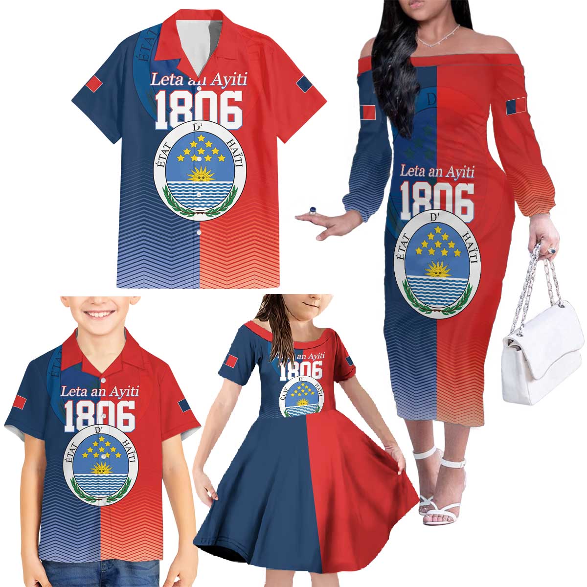 North Haiti State of Haiti Family Matching Off The Shoulder Long Sleeve Dress and Hawaiian Shirt Leta an Ayiti 1806-1811