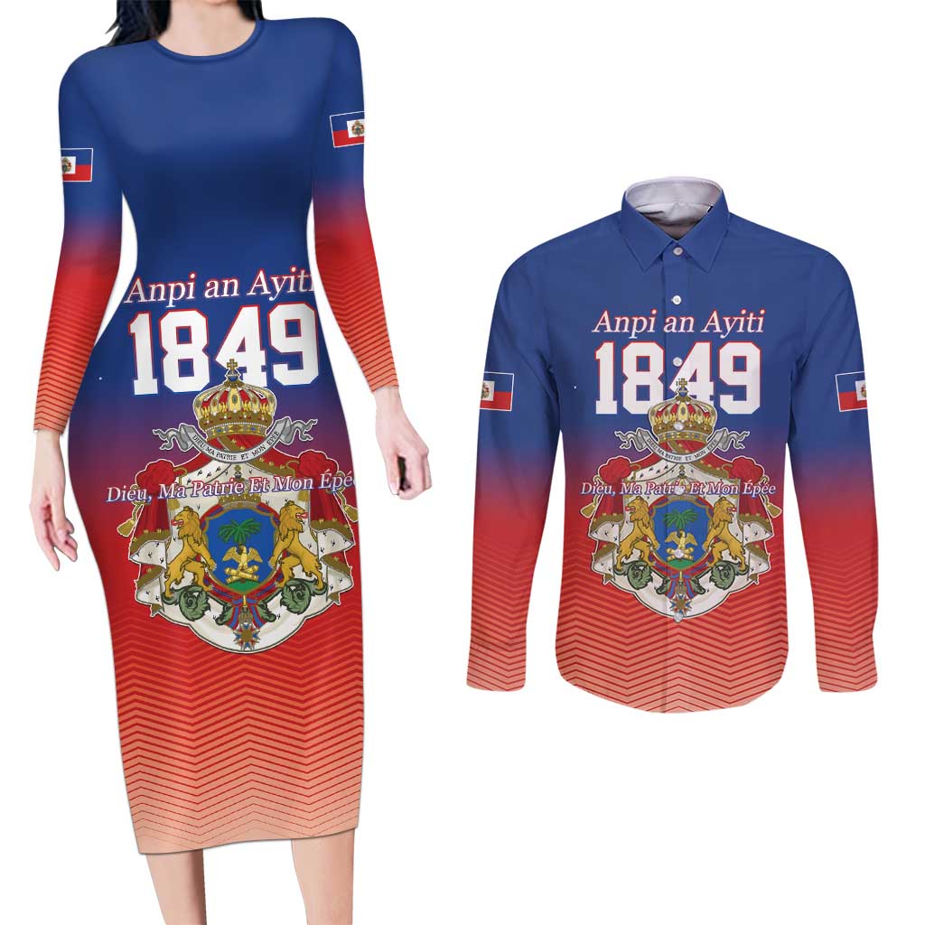 Personalized Haiti Second Empire Couples Matching Long Sleeve Bodycon Dress and Long Sleeve Button Shirt Anpi an Ayiti 1849-1859
