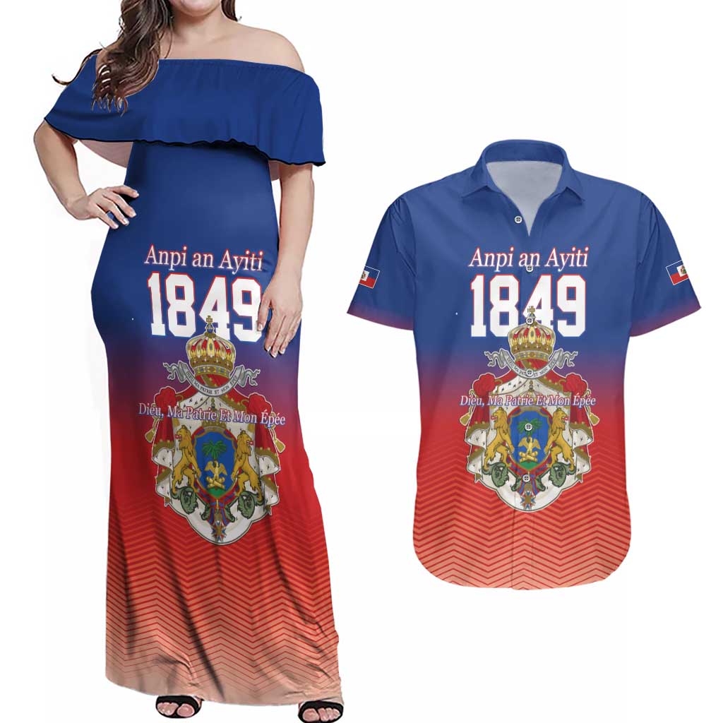 Personalized Haiti Second Empire Couples Matching Off Shoulder Maxi Dress and Hawaiian Shirt Anpi an Ayiti 1849-1859