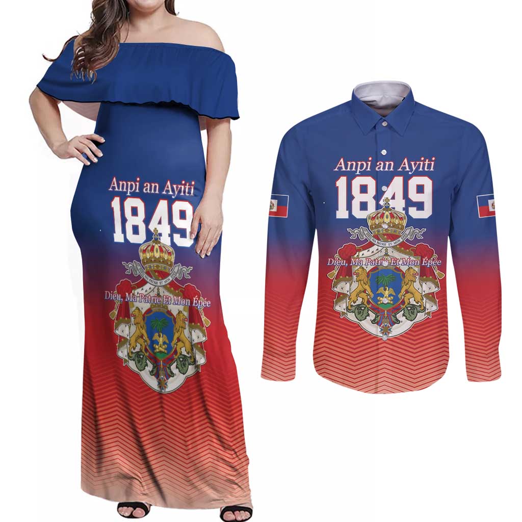 Personalized Haiti Second Empire Couples Matching Off Shoulder Maxi Dress and Long Sleeve Button Shirt Anpi an Ayiti 1849-1859