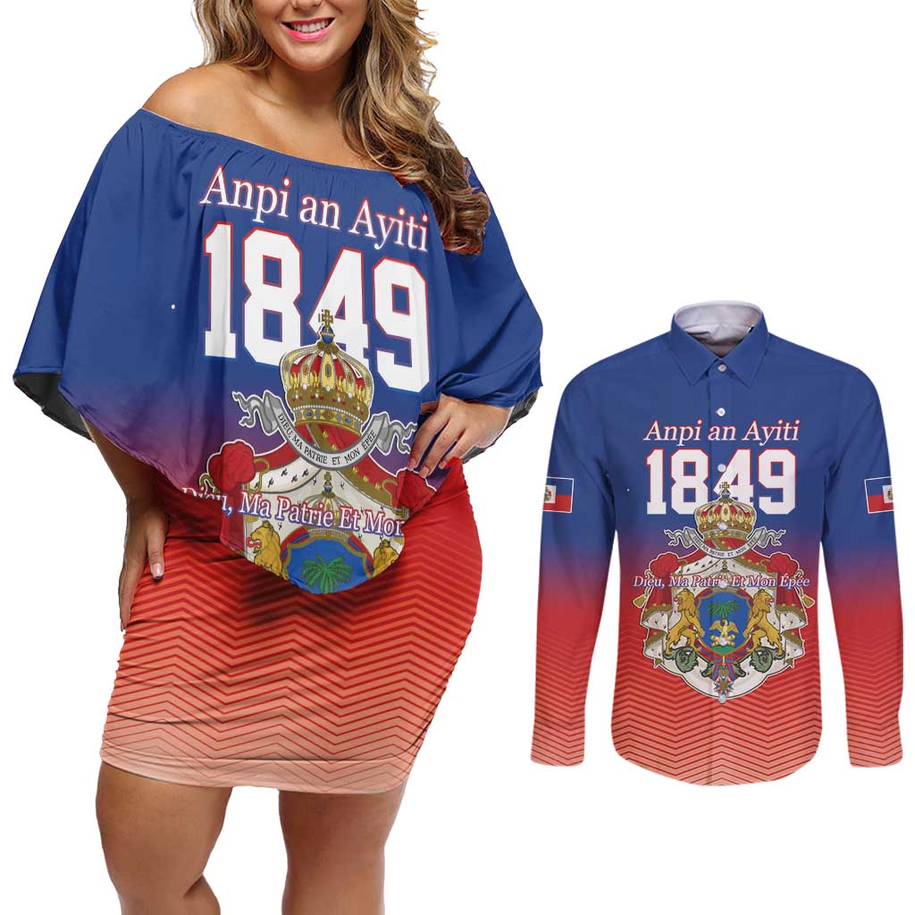 Personalized Haiti Second Empire Couples Matching Off Shoulder Short Dress and Long Sleeve Button Shirt Anpi an Ayiti 1849-1859