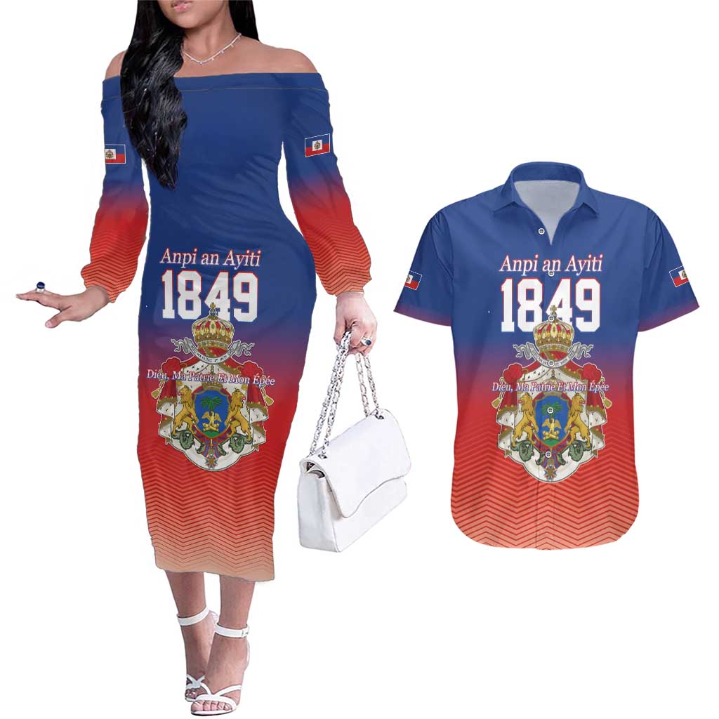 Personalized Haiti Second Empire Couples Matching Off The Shoulder Long Sleeve Dress and Hawaiian Shirt Anpi an Ayiti 1849-1859