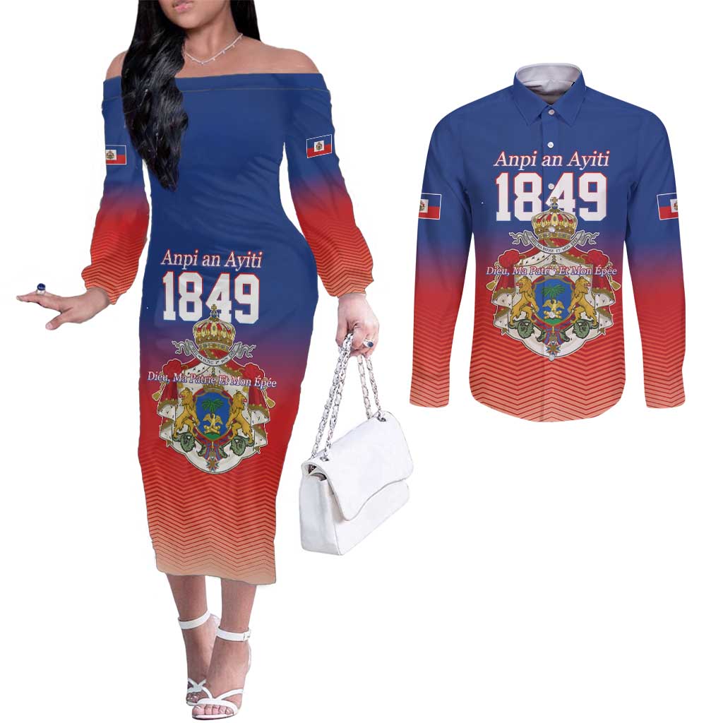 Personalized Haiti Second Empire Couples Matching Off The Shoulder Long Sleeve Dress and Long Sleeve Button Shirt Anpi an Ayiti 1849-1859