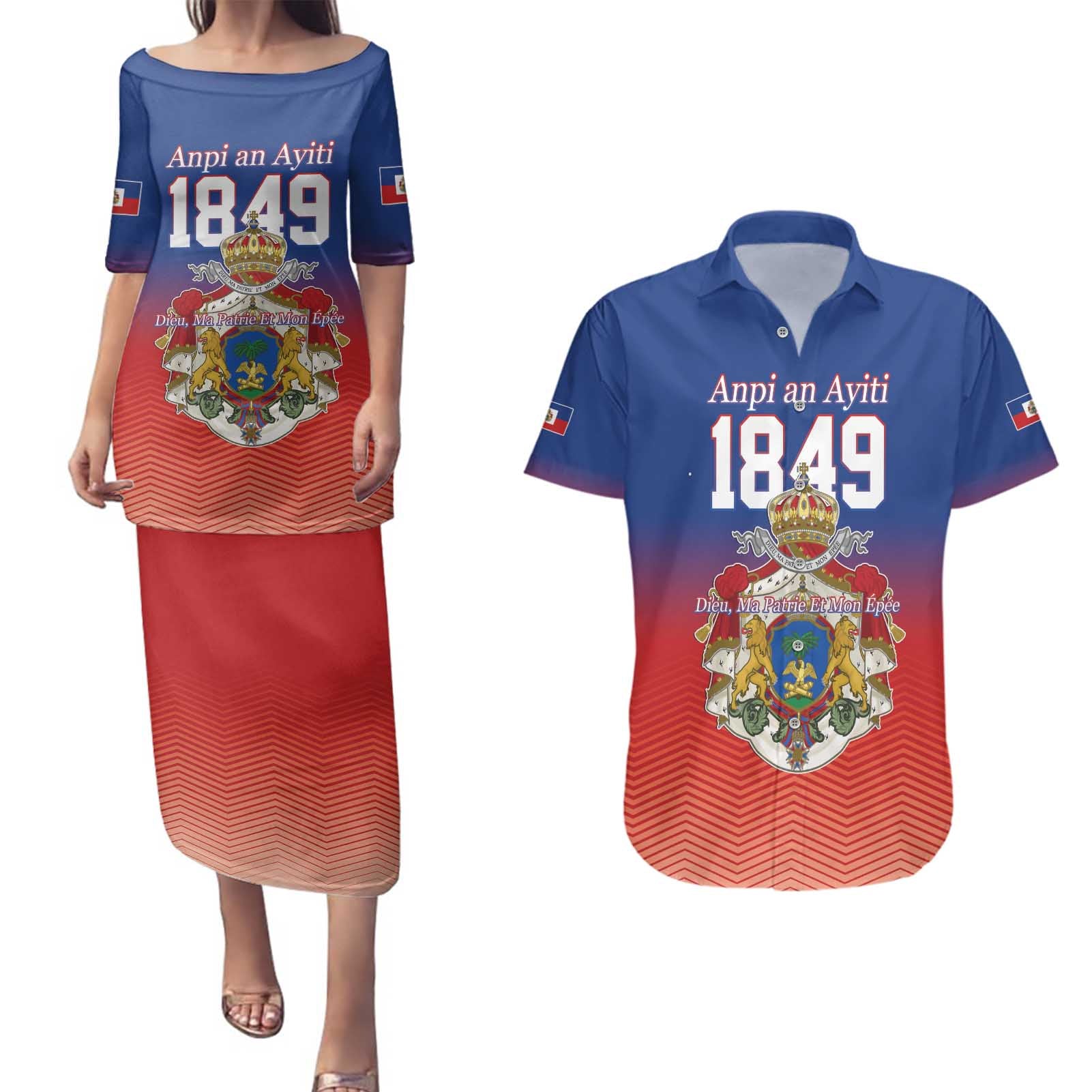 Personalized Haiti Second Empire Couples Matching Puletasi and Hawaiian Shirt Anpi an Ayiti 1849-1859