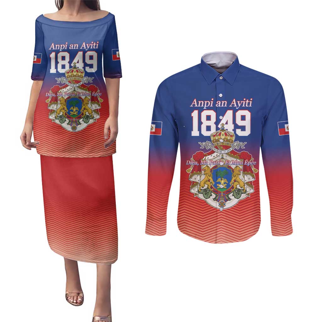 Personalized Haiti Second Empire Couples Matching Puletasi and Long Sleeve Button Shirt Anpi an Ayiti 1849-1859