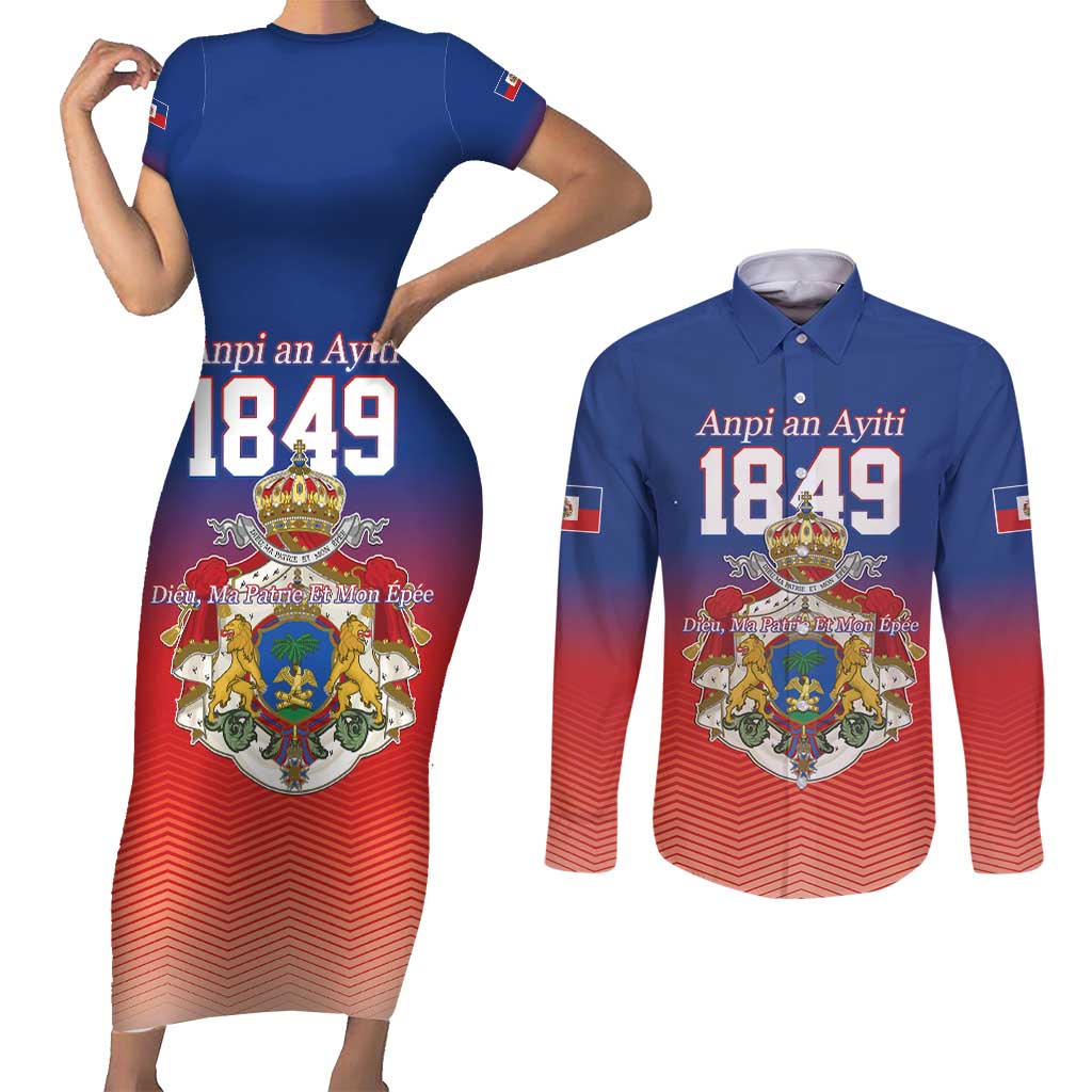 Personalized Haiti Second Empire Couples Matching Short Sleeve Bodycon Dress and Long Sleeve Button Shirt Anpi an Ayiti 1849-1859
