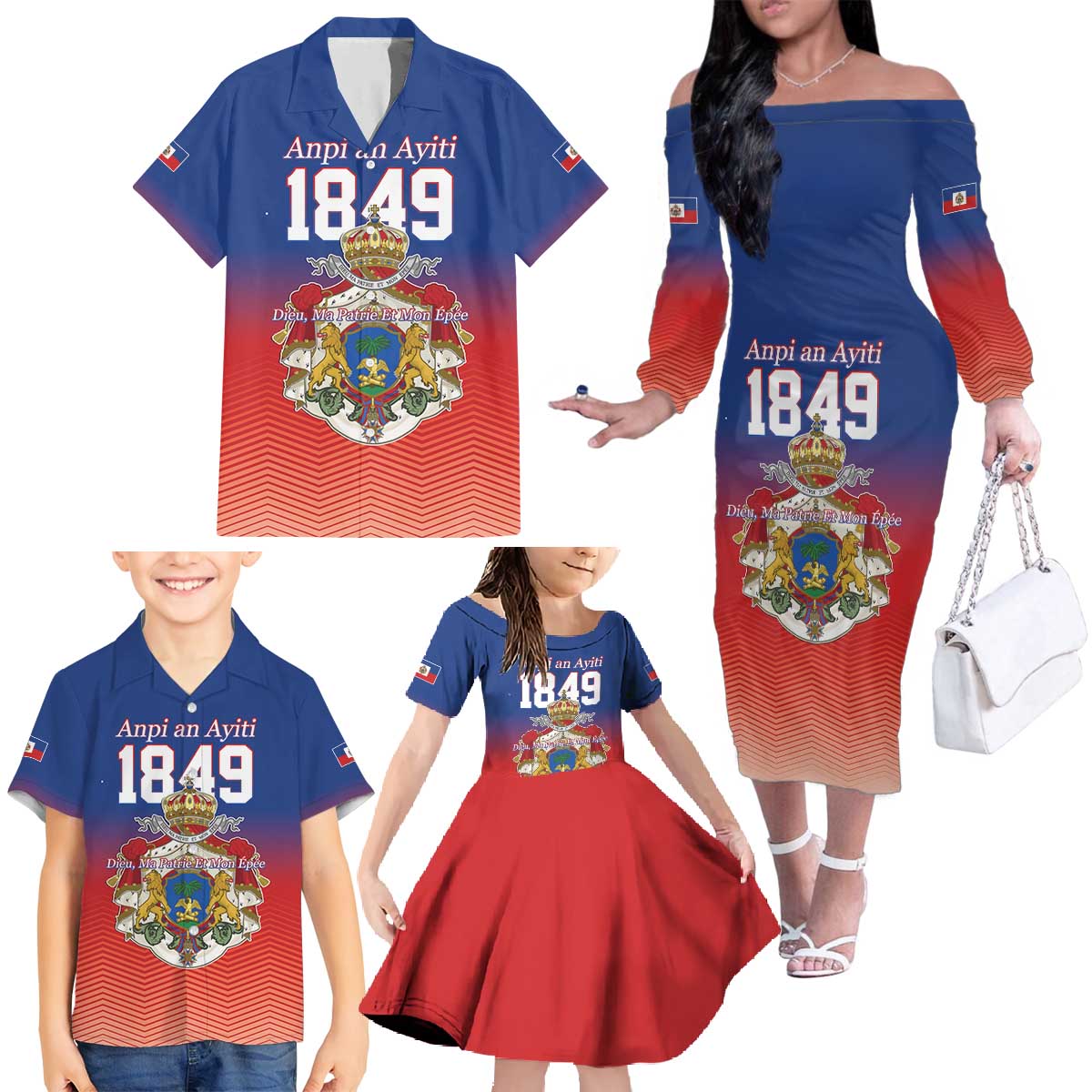 Personalized Haiti Second Empire Family Matching Off The Shoulder Long Sleeve Dress and Hawaiian Shirt Anpi an Ayiti 1849-1859