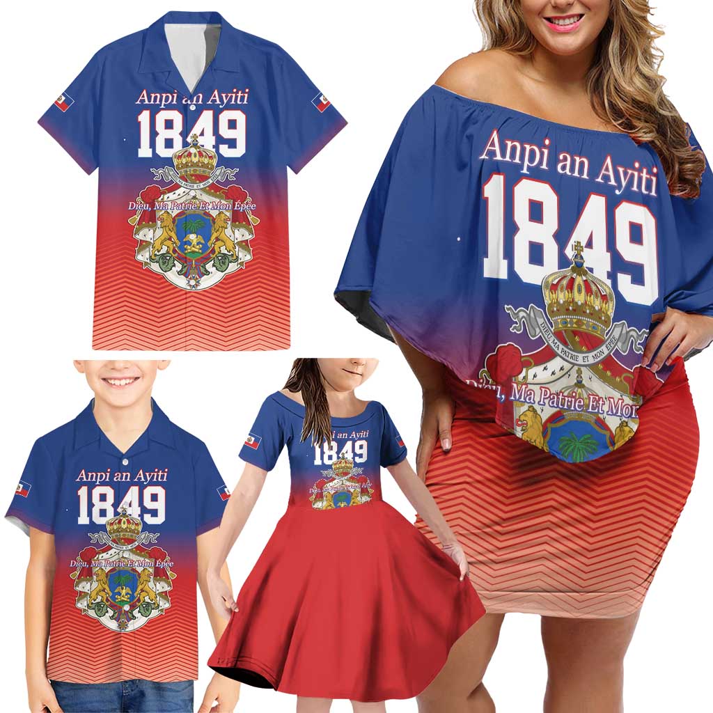 Personalized Haiti Second Empire Family Matching Off Shoulder Short Dress and Hawaiian Shirt Anpi an Ayiti 1849-1859