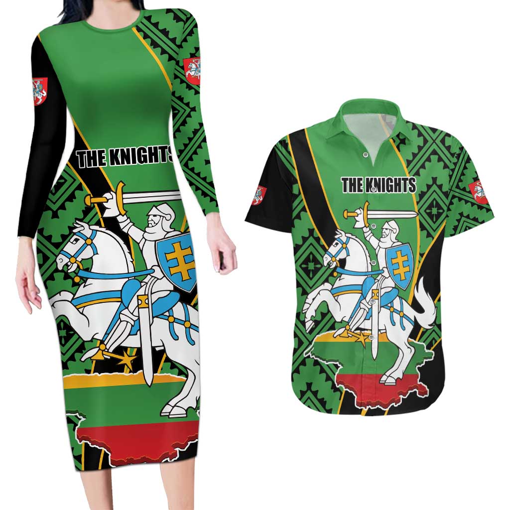 Republic of Lithuana Rugby Couples Matching Long Sleeve Bodycon Dress and Hawaiian Shirt Sporty Style
