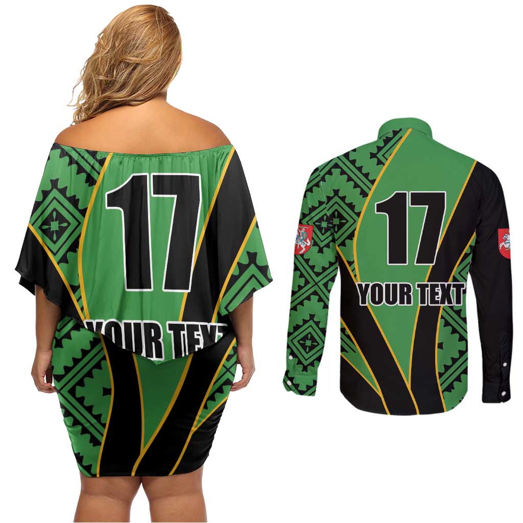 Republic of Lithuana Rugby Couples Matching Off Shoulder Short Dress and Long Sleeve Button Shirt Sporty Style