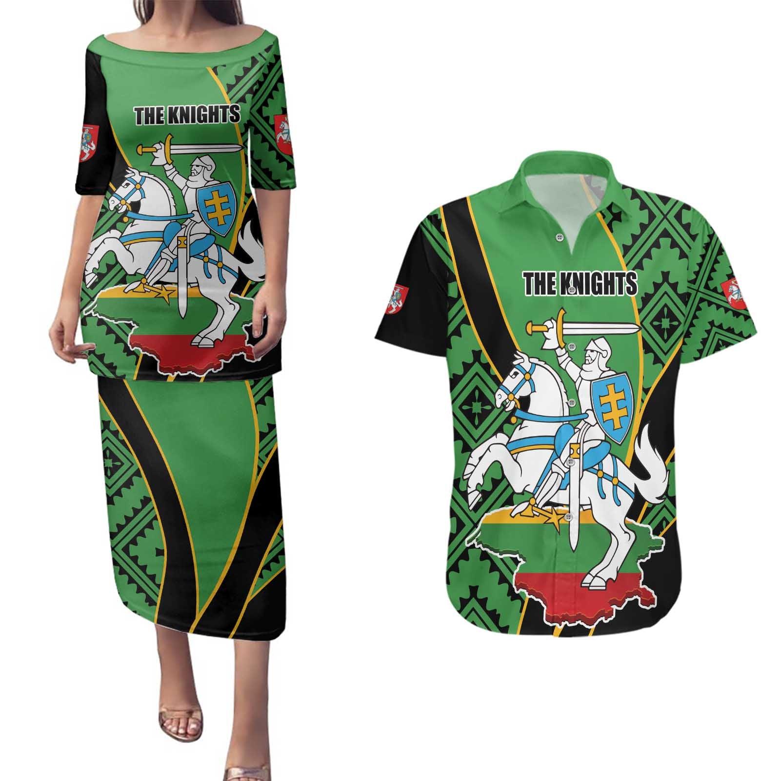 Republic of Lithuana Rugby Couples Matching Puletasi and Hawaiian Shirt Sporty Style