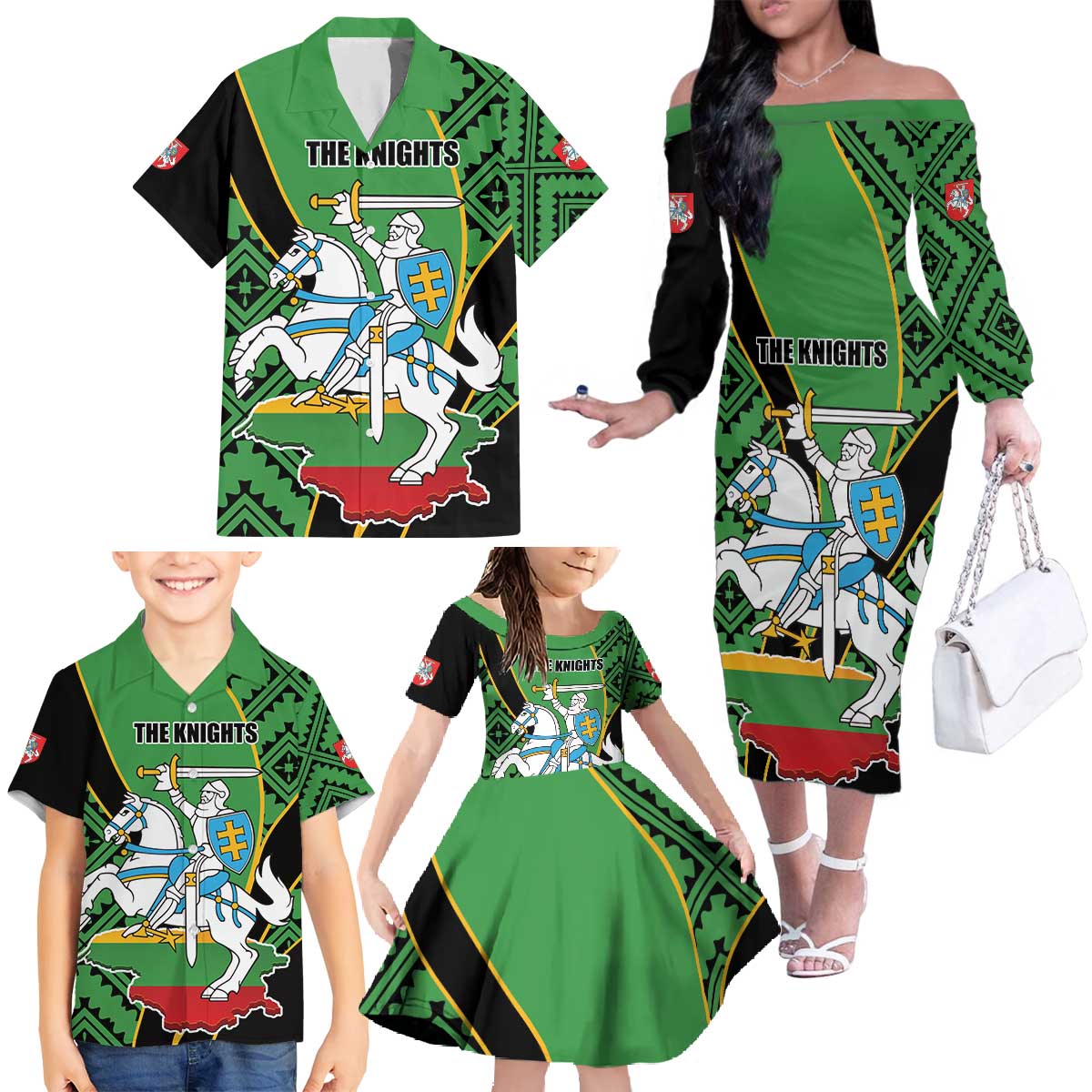 Republic of Lithuana Rugby Family Matching Off The Shoulder Long Sleeve Dress and Hawaiian Shirt Sporty Style
