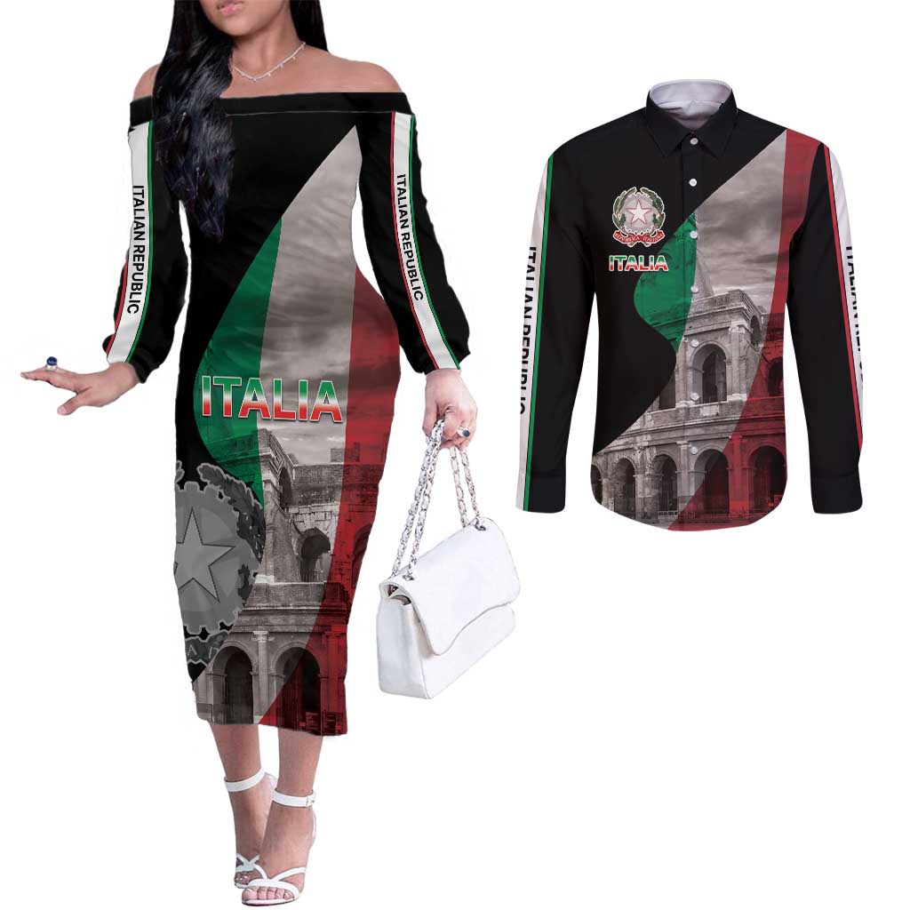 Italian Republic The Pantheon Couples Matching Off The Shoulder Long Sleeve Dress and Long Sleeve Button Shirt Emblema della Repubblica Italiana