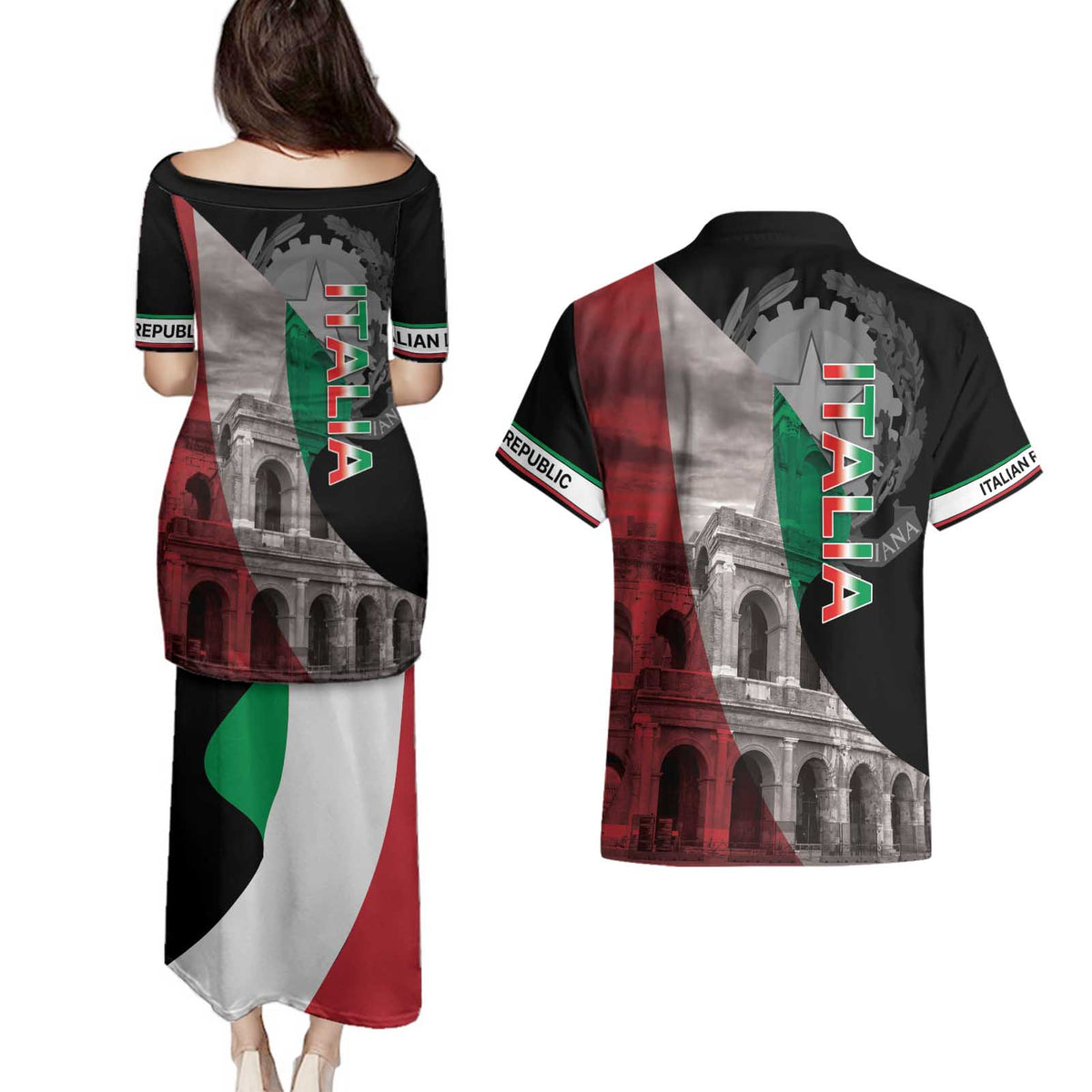 Italian Republic The Pantheon Couples Matching Puletasi and Hawaiian Shirt Emblema della Repubblica Italiana