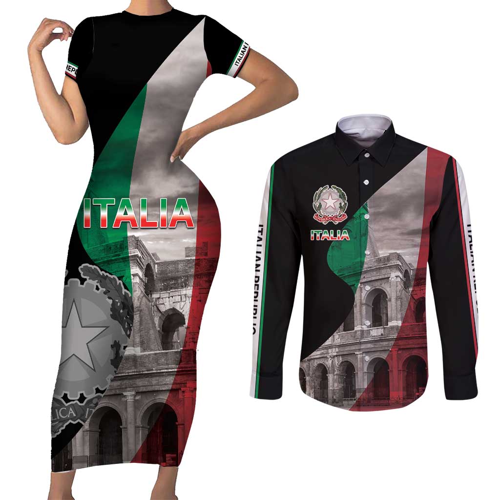 Italian Republic The Pantheon Couples Matching Short Sleeve Bodycon Dress and Long Sleeve Button Shirt Emblema della Repubblica Italiana