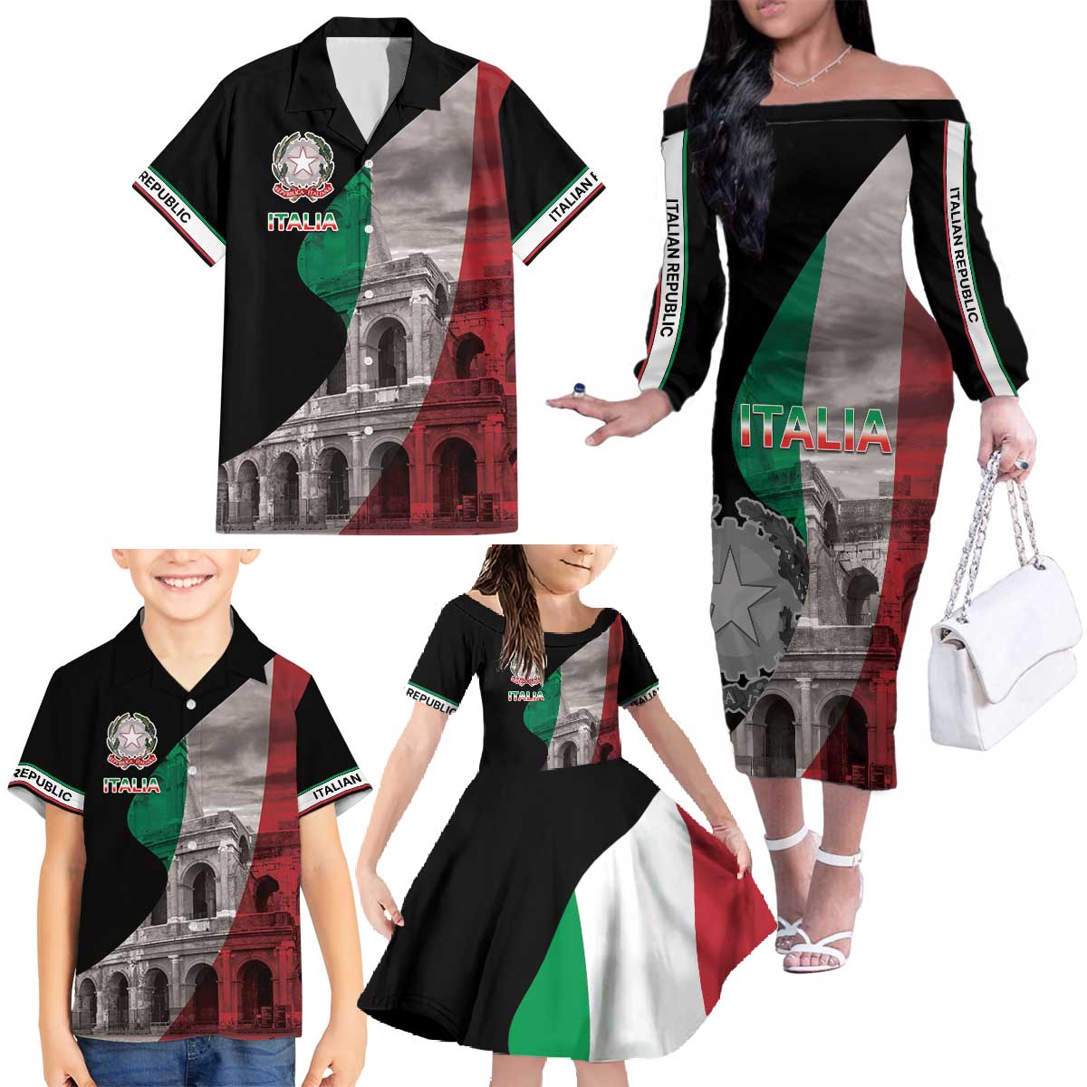 Italian Republic The Pantheon Family Matching Off The Shoulder Long Sleeve Dress and Hawaiian Shirt Emblema della Repubblica Italiana