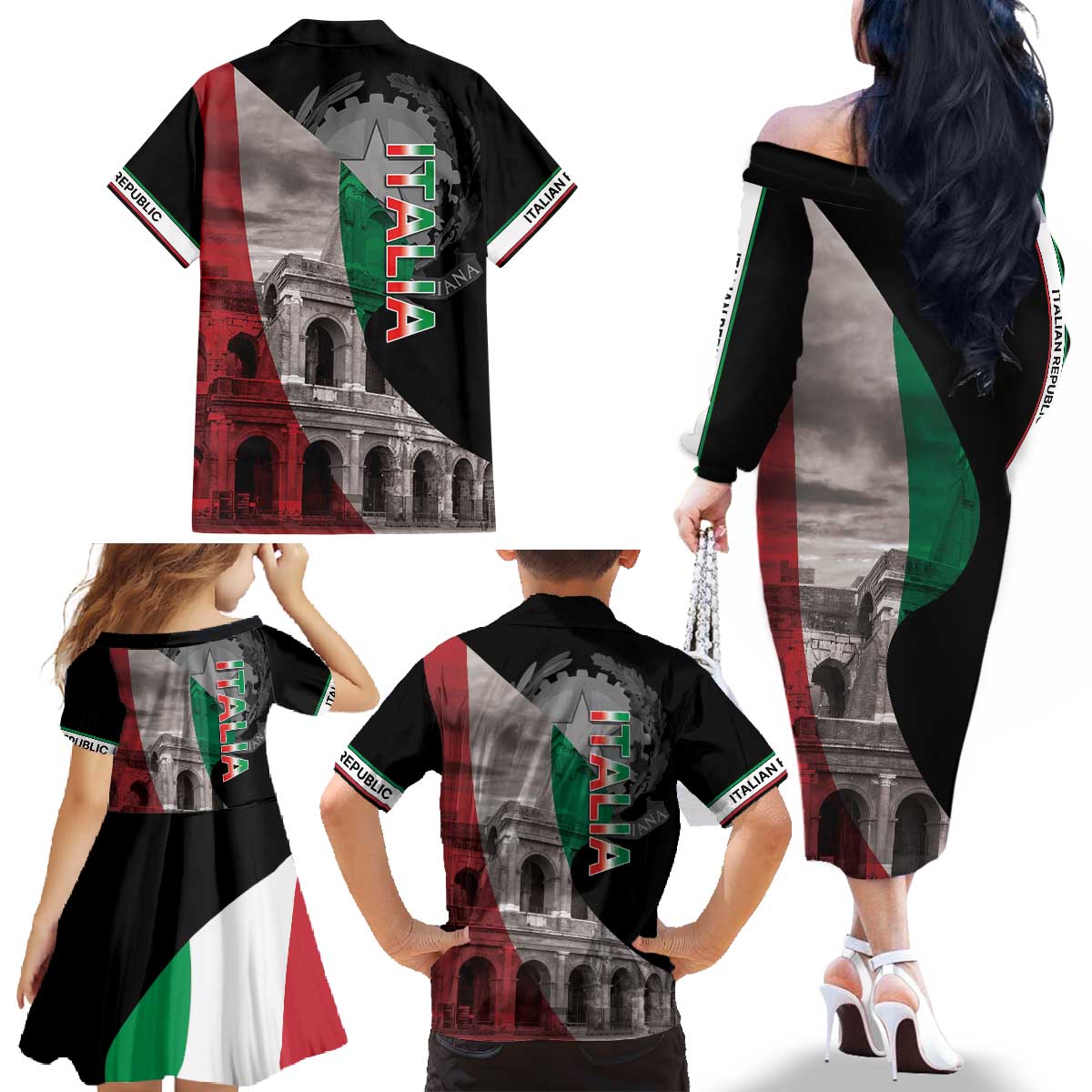 Italian Republic The Pantheon Family Matching Off The Shoulder Long Sleeve Dress and Hawaiian Shirt Emblema della Repubblica Italiana