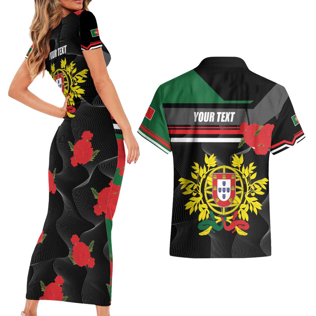 Personalized Portugal Coat of Arms with Carnation Couples Matching Short Sleeve Bodycon Dress and Hawaiian Shirt Portuguese Bandeira Verde-Rubra