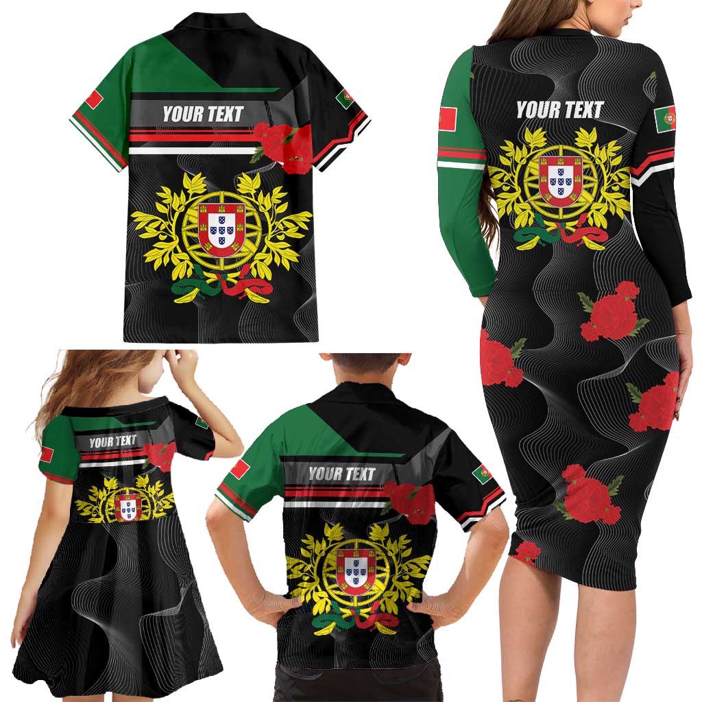 Personalized Portugal Coat of Arms with Carnation Family Matching Long Sleeve Bodycon Dress and Hawaiian Shirt Portuguese Bandeira Verde-Rubra