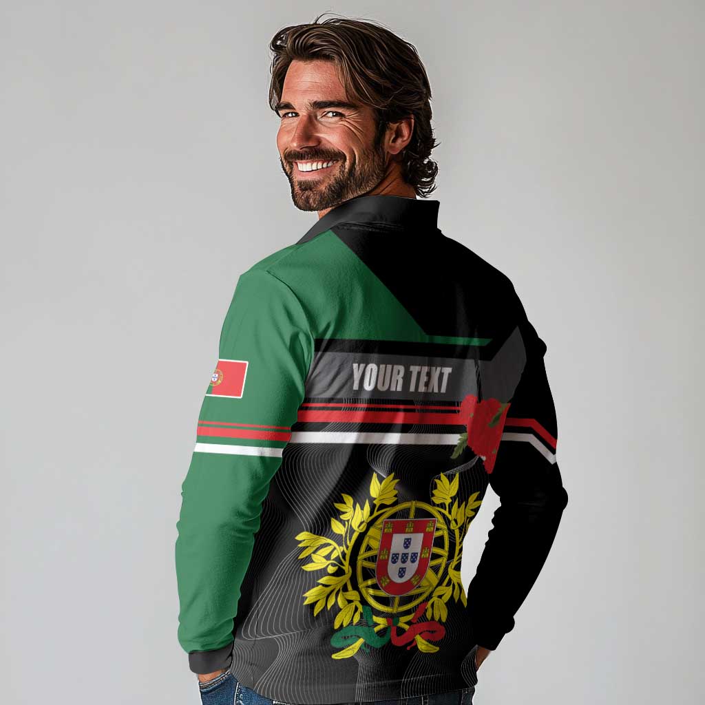 Personalized Portugal Coat of Arms with Carnation Long Sleeve Polo Shirt Portuguese Bandeira Verde-Rubra