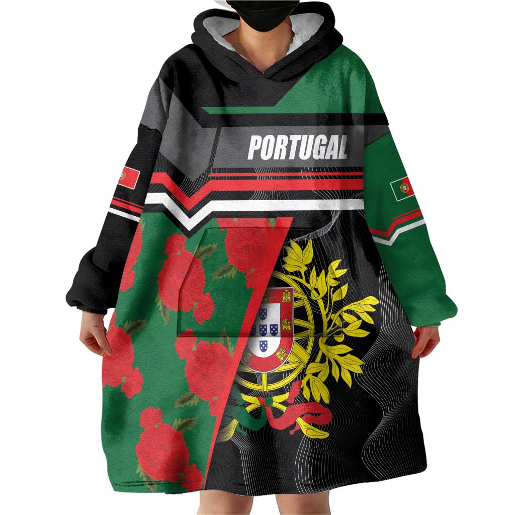 Personalized Portugal Coat of Arms with Carnation Wearable Blanket Hoodie Portuguese Bandeira Verde-Rubra