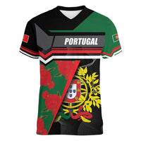 Personalized Portugal Coat of Arms with Carnation Women V-Neck T-Shirt Portuguese Bandeira Verde-Rubra