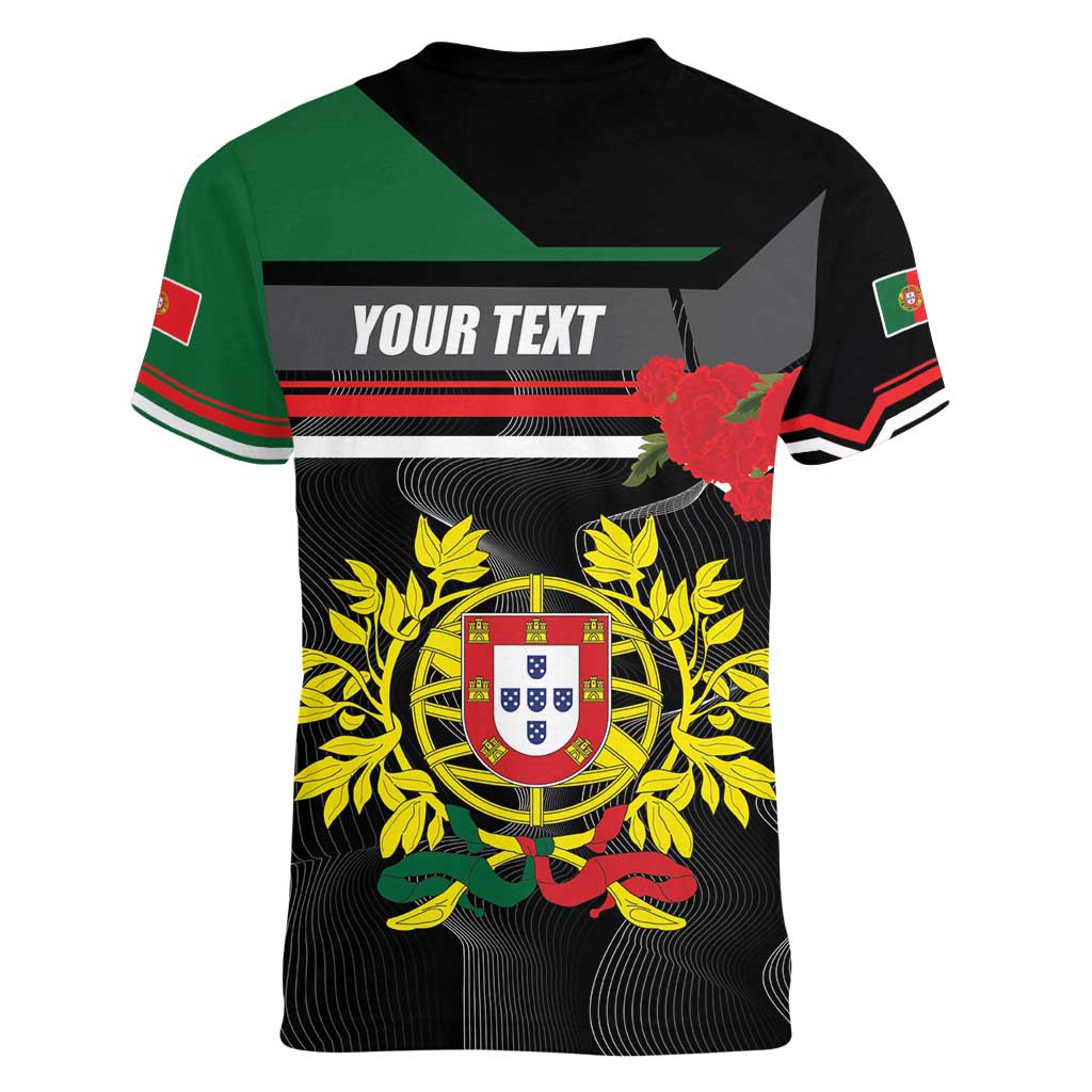 Personalized Portugal Coat of Arms with Carnation Women V-Neck T-Shirt Portuguese Bandeira Verde-Rubra