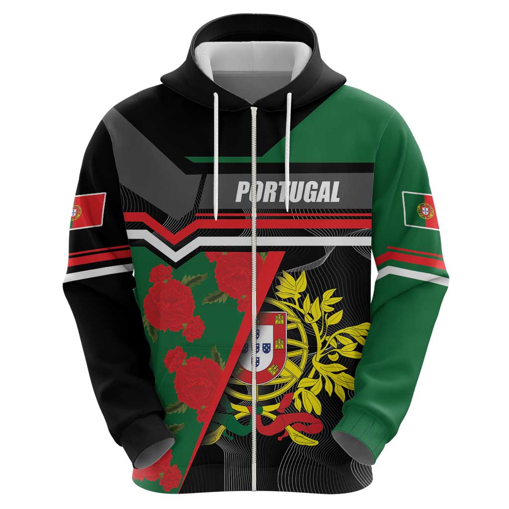 Personalized Portugal Coat of Arms with Carnation Zip Hoodie Portuguese Bandeira Verde-Rubra
