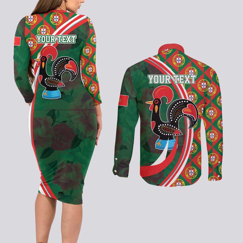 Personalized Portugal Rooster of Barcelos Couples Matching Long Sleeve Bodycon Dress and Long Sleeve Button Shirt Portuguese Flag