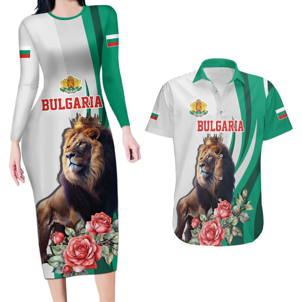Personalized Bulgaria Coat of Arms Couples Matching Long Sleeve Bodycon Dress and Hawaiian Shirt A Crowned Golden Lion with Rose