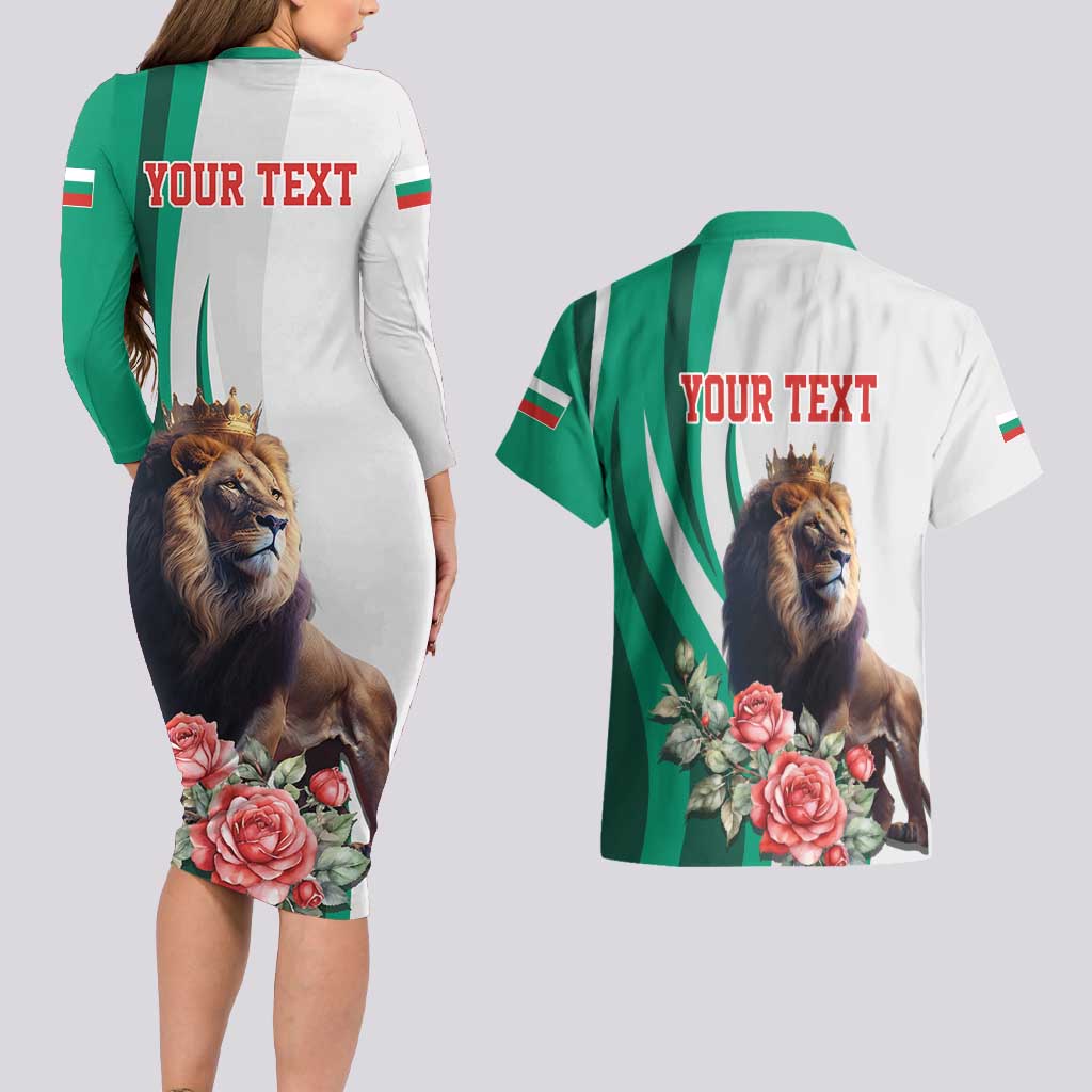Personalized Bulgaria Coat of Arms Couples Matching Long Sleeve Bodycon Dress and Hawaiian Shirt A Crowned Golden Lion with Rose