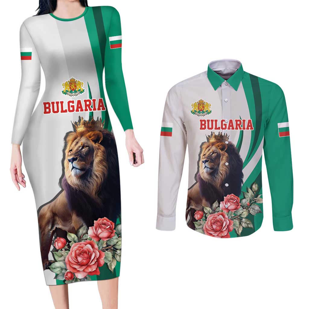 Personalized Bulgaria Coat of Arms Couples Matching Long Sleeve Bodycon Dress and Long Sleeve Button Shirt A Crowned Golden Lion with Rose